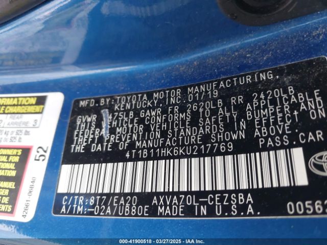 4T1B11HK6KU217769 Toyota CAMRY SE