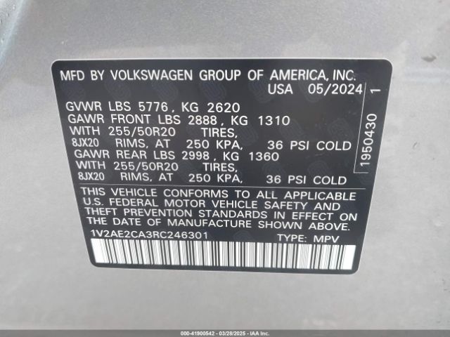 1V2AE2CA3RC246301 Volkswagen Atlas Cross Sport 2.0t Sel R-line