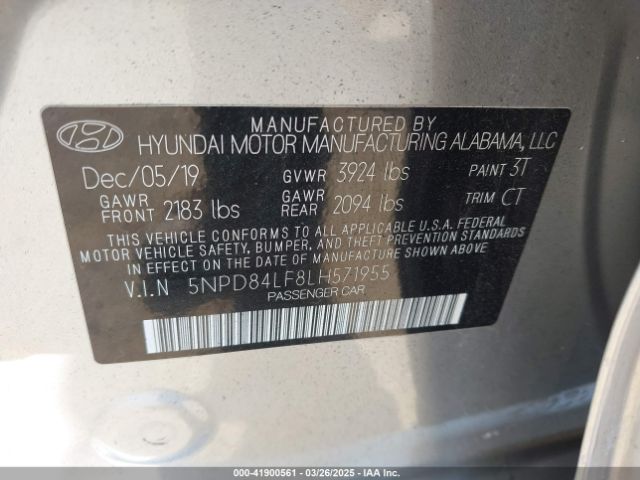 5NPD84LF8LH571955 Hyundai ELANTRA SEL