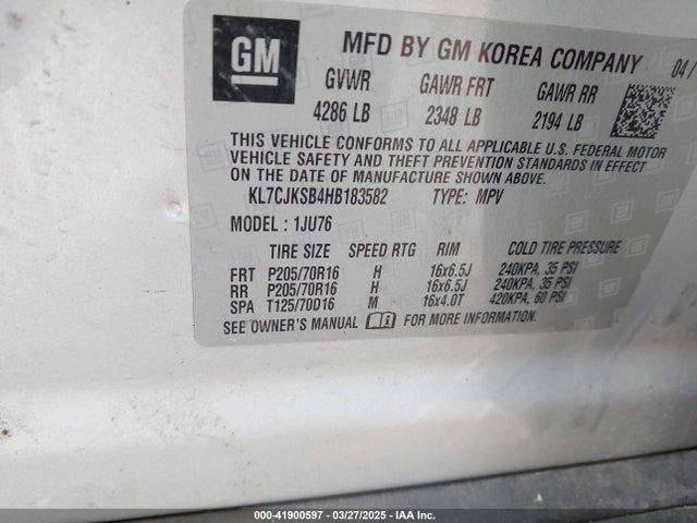 KL7CJKSB4HB183582 Chevrolet TRAX LS