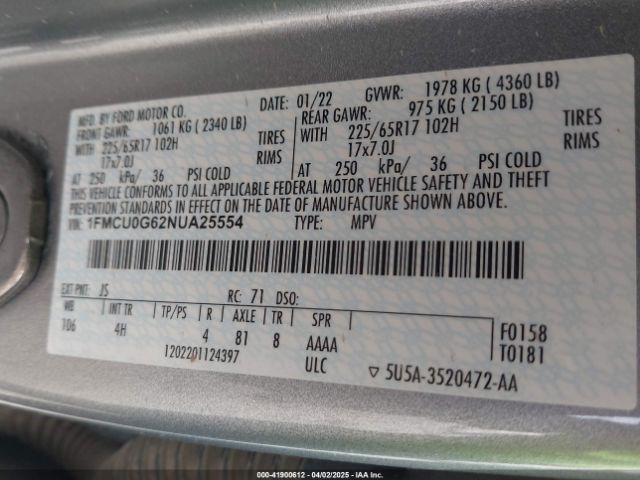 1FMCU0G62NUA25554 Ford ESCAPE SE