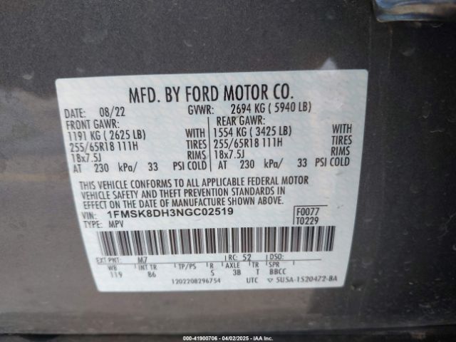 1FMSK8DH3NGC02519 Ford EXPLORER XLT