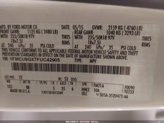 1FMCU9GX7FUC42905 Ford ESCAPE SE