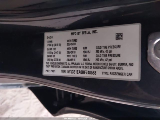 5YJ3E1EA0RF748588 Tesla Model 3 Long Range Dual Motor All-wheel Drive/rear-wheel Drive