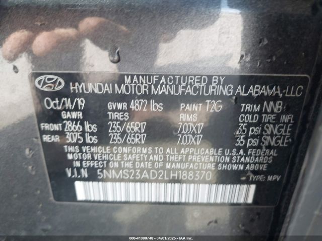 5NMS23AD2LH188370 Hyundai Santa Fe Se