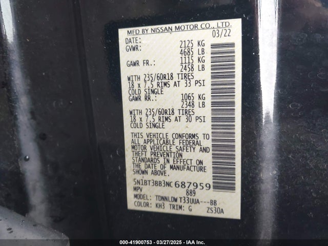 5N1BT3BB3NC687959 Nissan Rogue Sv Intelligent Awd