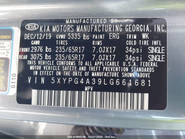 5XYPG4A39LG661681 KIA Sorento 2.4l Lx