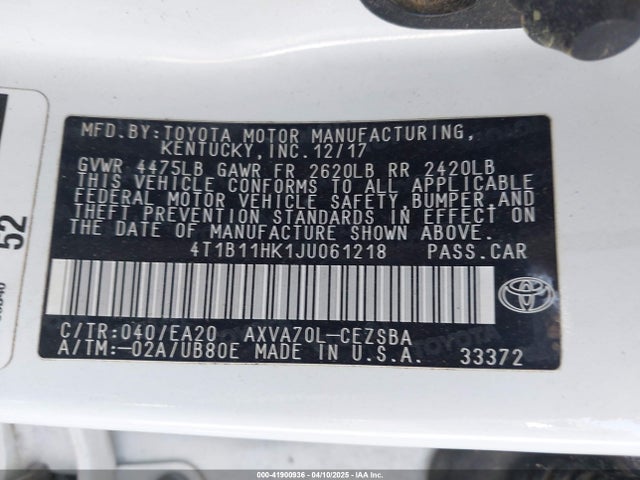 4T1B11HK1JU061218 Toyota CAMRY SE