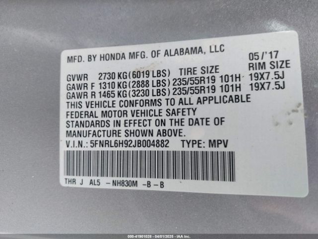 5FNRL6H92JB004882 Honda Odyssey Elite