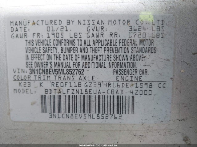 3N1CN8EV5ML852762 Nissan Versa Sv Xtronic Cvt