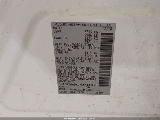 5N1DR2MM0KC601065 Nissan Pathfinder Sv