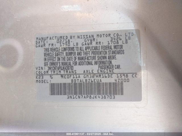 3N1CN7AP8JK438703 Nissan Versa 1.6 Sv