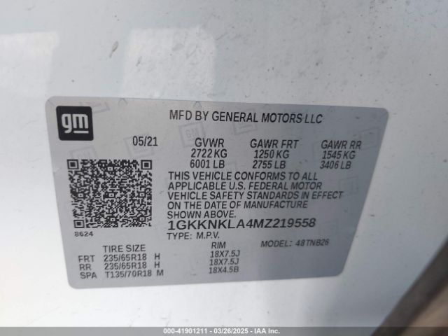 1GKKNKLA4MZ219558 GMC Acadia Fwd Sle