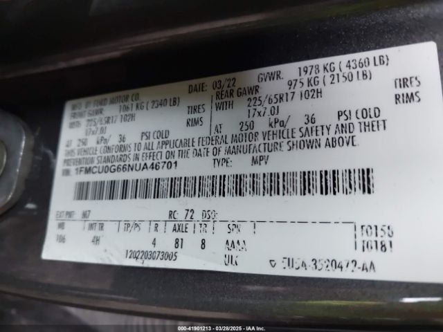 1FMCU0G66NUA46701 Ford ESCAPE SE