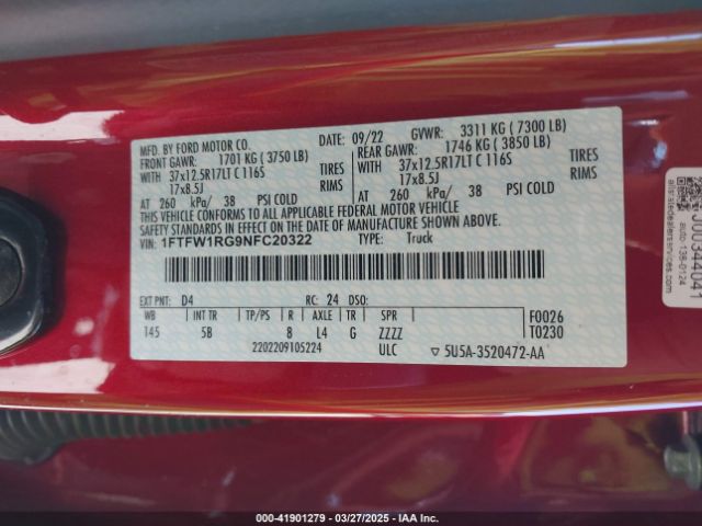 1FTFW1RG9NFC20322 Ford F-150 Raptor