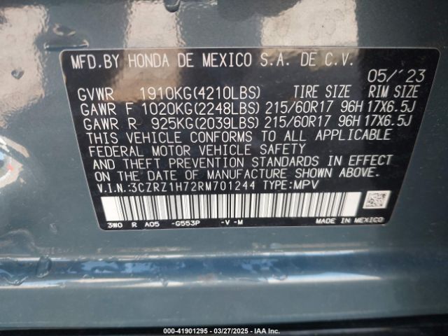3CZRZ1H72RM701244 Honda Hr-v 2wd Ex-l/2wd Ex-l W/o Bsi