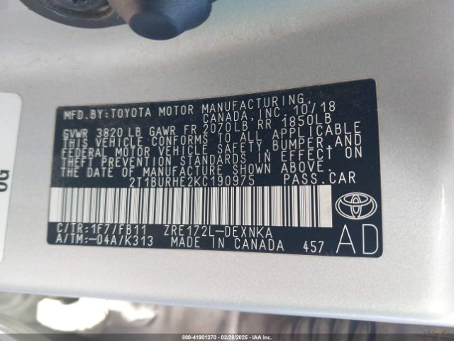2T1BURHE2KC190975 Toyota COROLLA LE