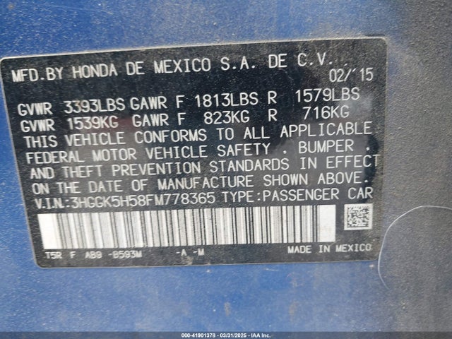 3HGGK5H58FM778365 Honda l15b1