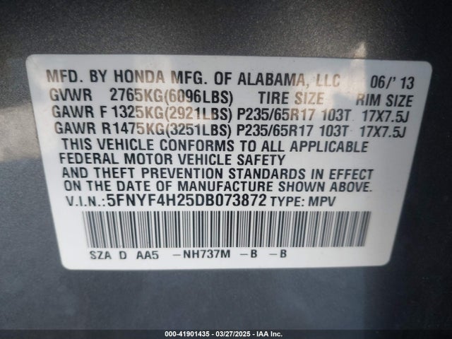 Продажа на аукционе авто 2013 Honda Pilot Lx, vin: 5FNYF4H25DB073872, номер лота: 41901435