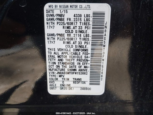 JN8AS5MT0FW152662 Nissan Rogue Select S