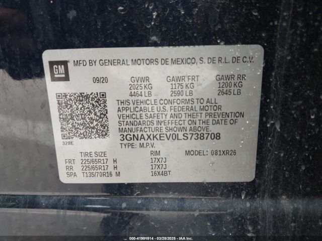 3GNAXKEV0LS738708 Chevrolet Equinox Fwd Lt 1.5l Turbo
