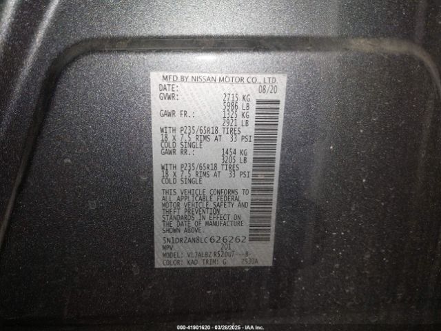 5N1DR2AN8LC626262 Nissan Pathfinder S 2wd