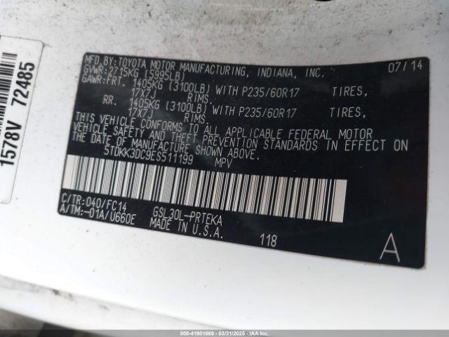 5TDKK3DC9ES511199 Toyota Sienna Le V6 8 Passenger