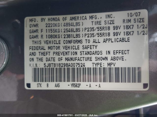 2008 ACURA RDX 5J8TB18298A007524 Photo 8