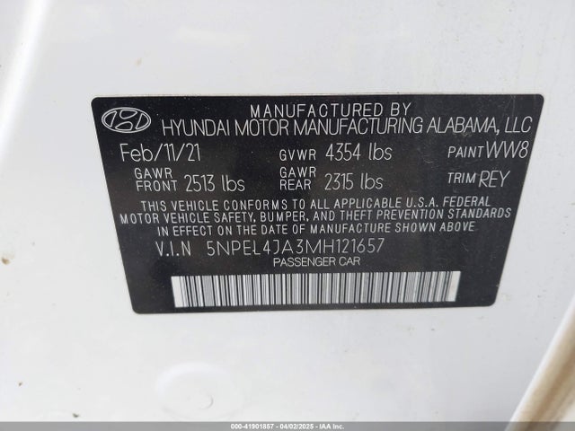 5NPEL4JA3MH121657 Hyundai SONATA SEL