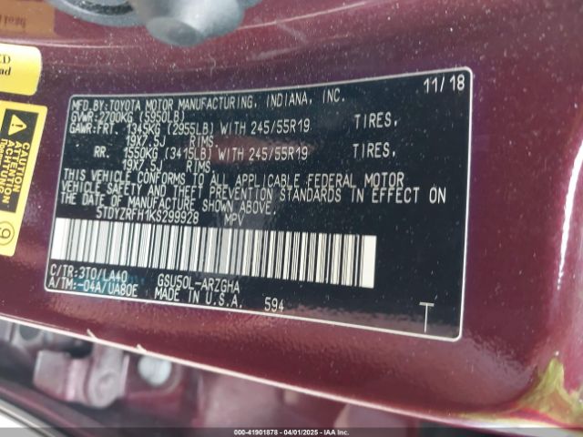 5TDYZRFH1KS299928 Toyota Highlander Limited