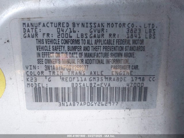 3N1AB7AP0GY262977 Nissan Sentra Fe+ S/s/sl/sr/sv