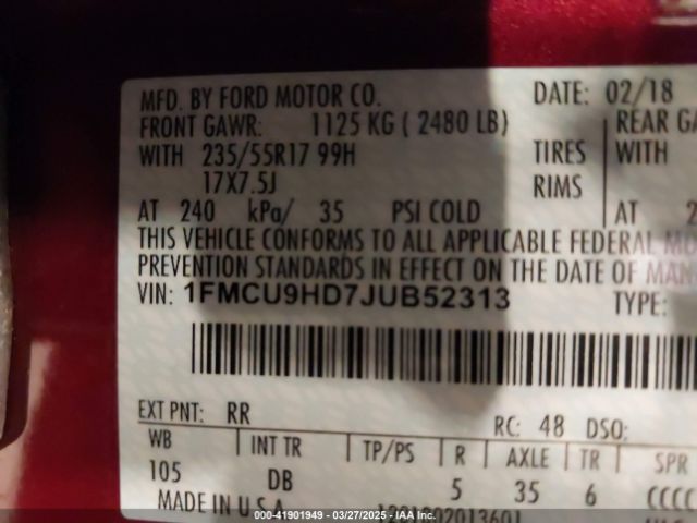 1FMCU9HD7JUB52313 Ford ESCAPE SEL
