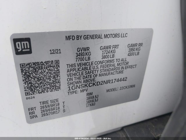 1GNSKCKD2NR174442 Chevrolet Suburban 4wd Lt