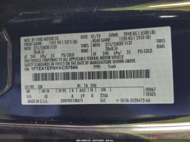 1FTEX1EP0KKC57566 Ford F-150 Xl