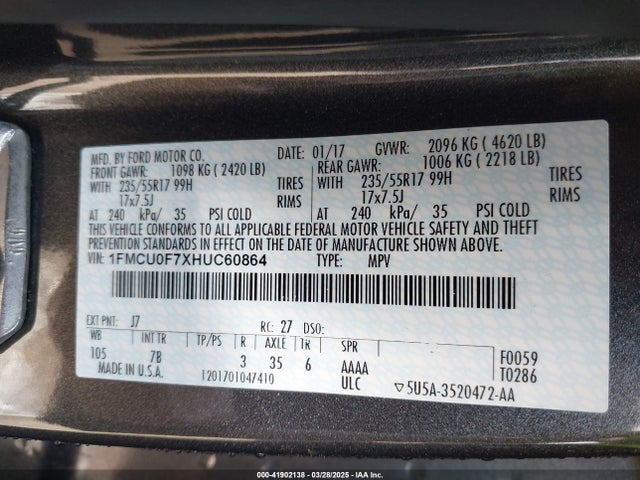 1FMCU0F7XHUC60864 Ford ESCAPE S