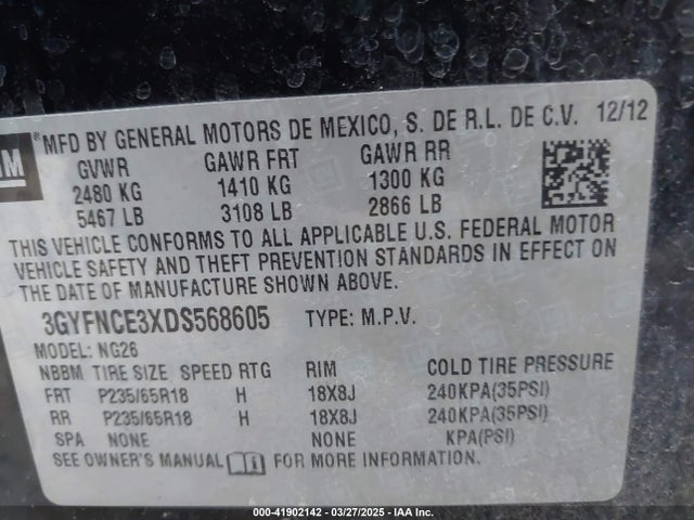 41902142 :رقم المزاد ، 3GYFNCE3XDS568605 vin ، 2013 Cadillac Srx Luxury Collection مزاد بيع