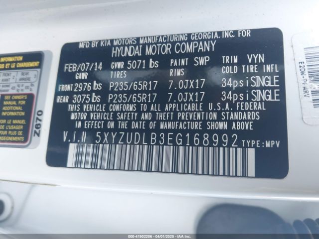 5XYZUDLB3EG168992 Hyundai Santa Fe Sport 2.4l