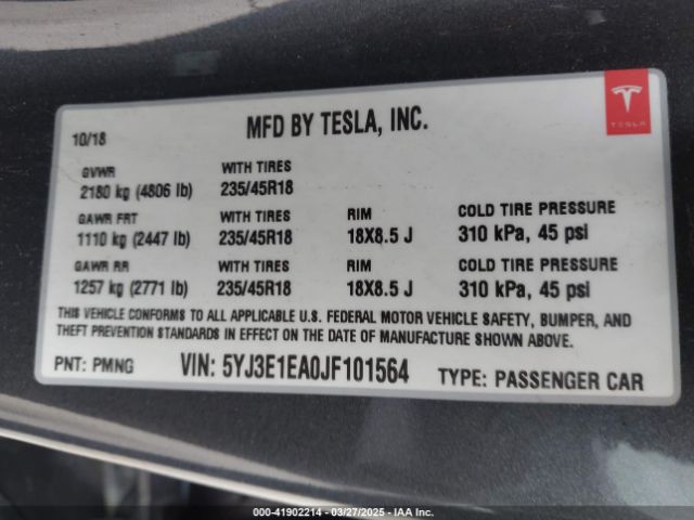 5YJ3E1EA0JF101564 Tesla Model 3 Long Range/mid Range