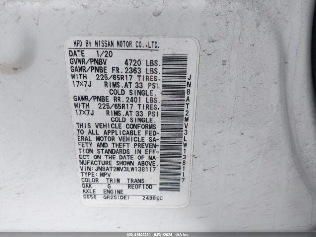JN8AT2MV3LW138117 Nissan Rogue Sv Intelligent Awd
