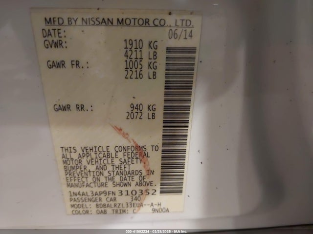1N4AL3AP9FN310352 Nissan Altima 2.5 Sl