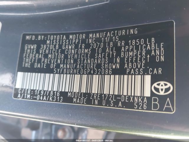 5YFBURHE0GP432086 Toyota COROLLA LE