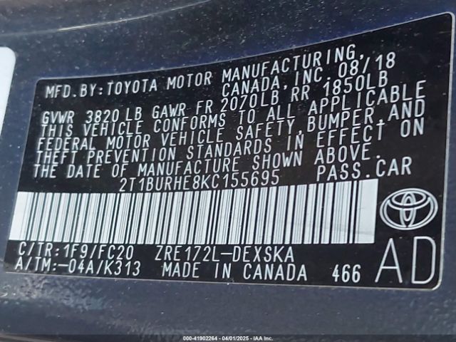 2T1BURHE8KC155695 Toyota COROLLA SE