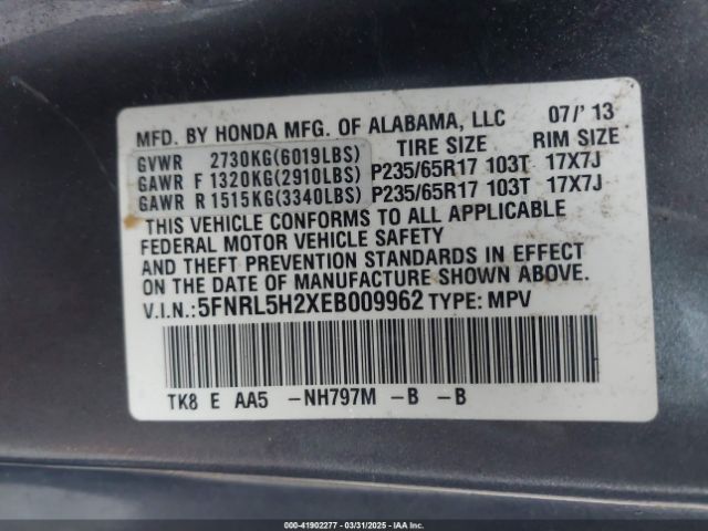 5FNRL5H2XEB009962 Honda ODYSSEY LX