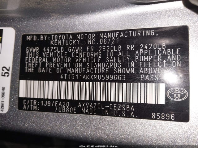 4T1G11AKXMU599663 Toyota CAMRY SE