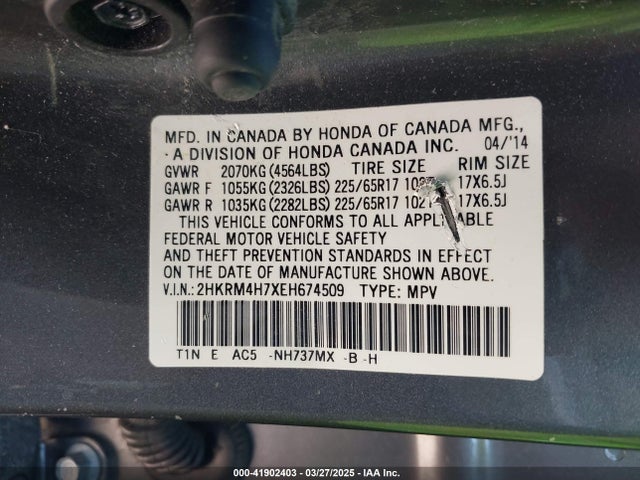 2HKRM4H7XEH674509 Honda Cr-v Ex-l