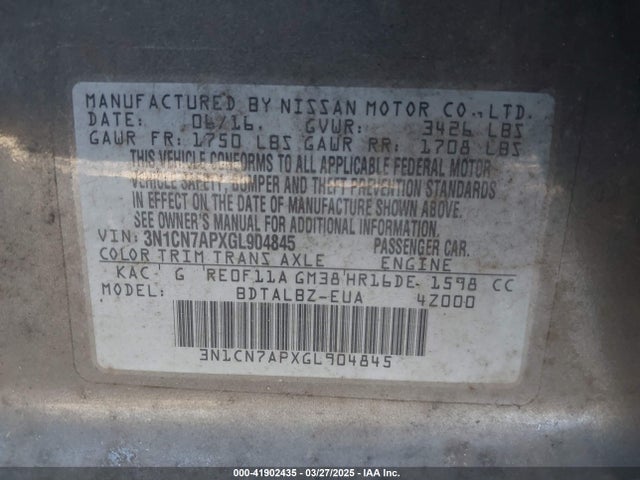 3N1CN7APXGL904845 Nissan Versa 1.6 Sv