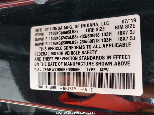 7FARW2H86KE039566 Honda Cr-v Ex-l