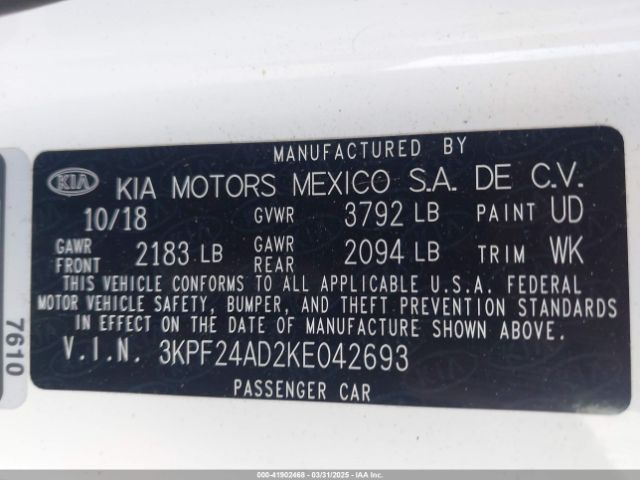 3KPF24AD2KE042693 KIA Forte Lxs