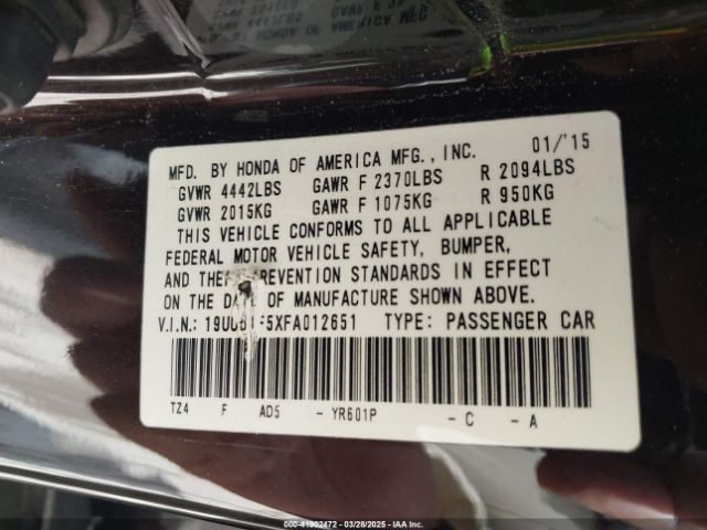 19UUB1F5XFA012651 Acura TLX TECH