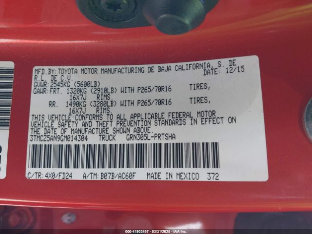 3TMCZ5AN9GM014304 Toyota Tacoma Trd Off Road